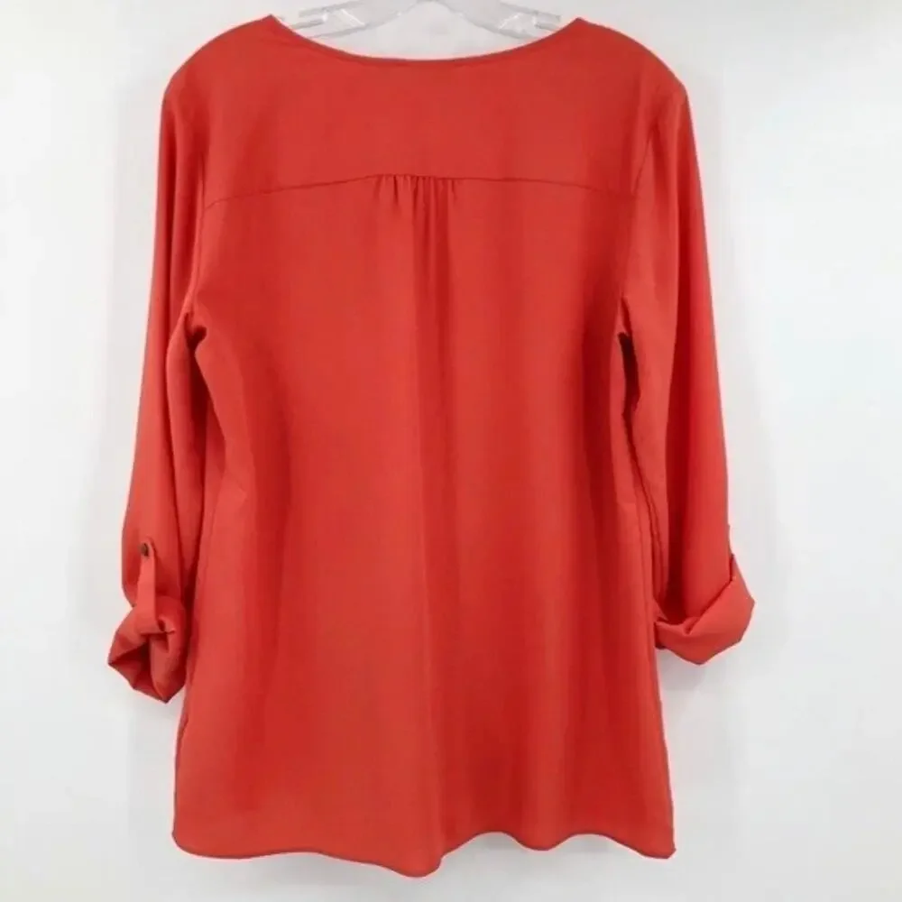 Liz Claiborne Women's Blouse M Coral Orange Shawl Collar Roll Tab Sleeve V Neck - Picture 3 of 7